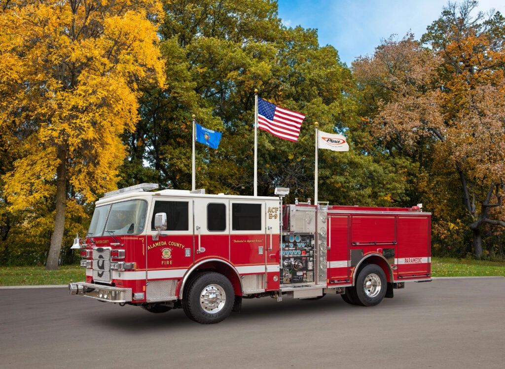 Fire truck in front of flag poles