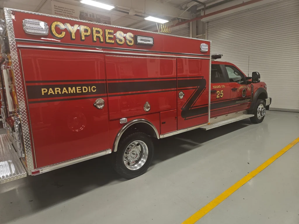 a fire truck in a garage