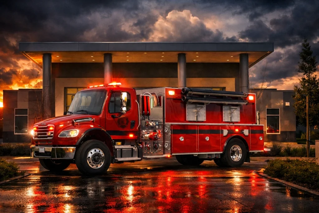 a fire truck at night with the lights on