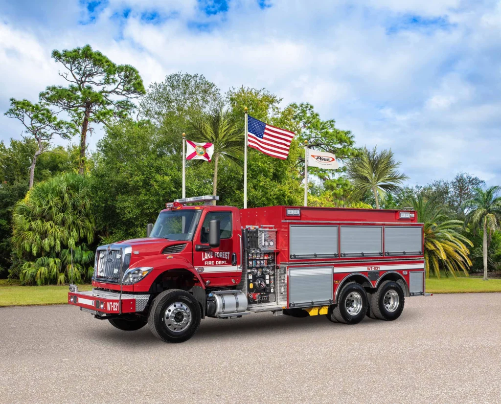 Fire truck in front of flag poles