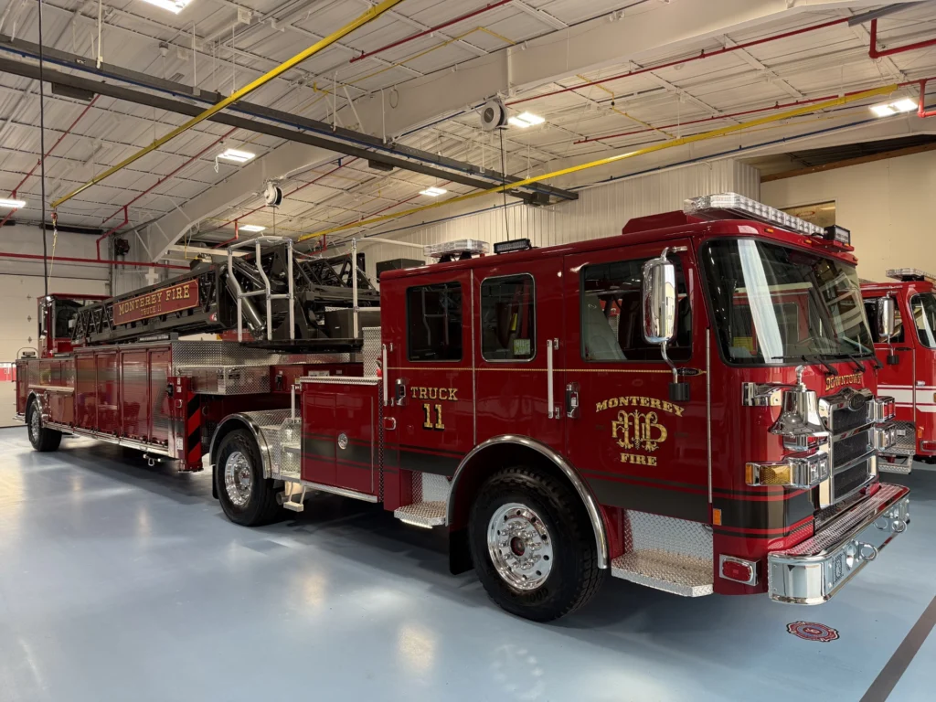 a fire truck inside the factory