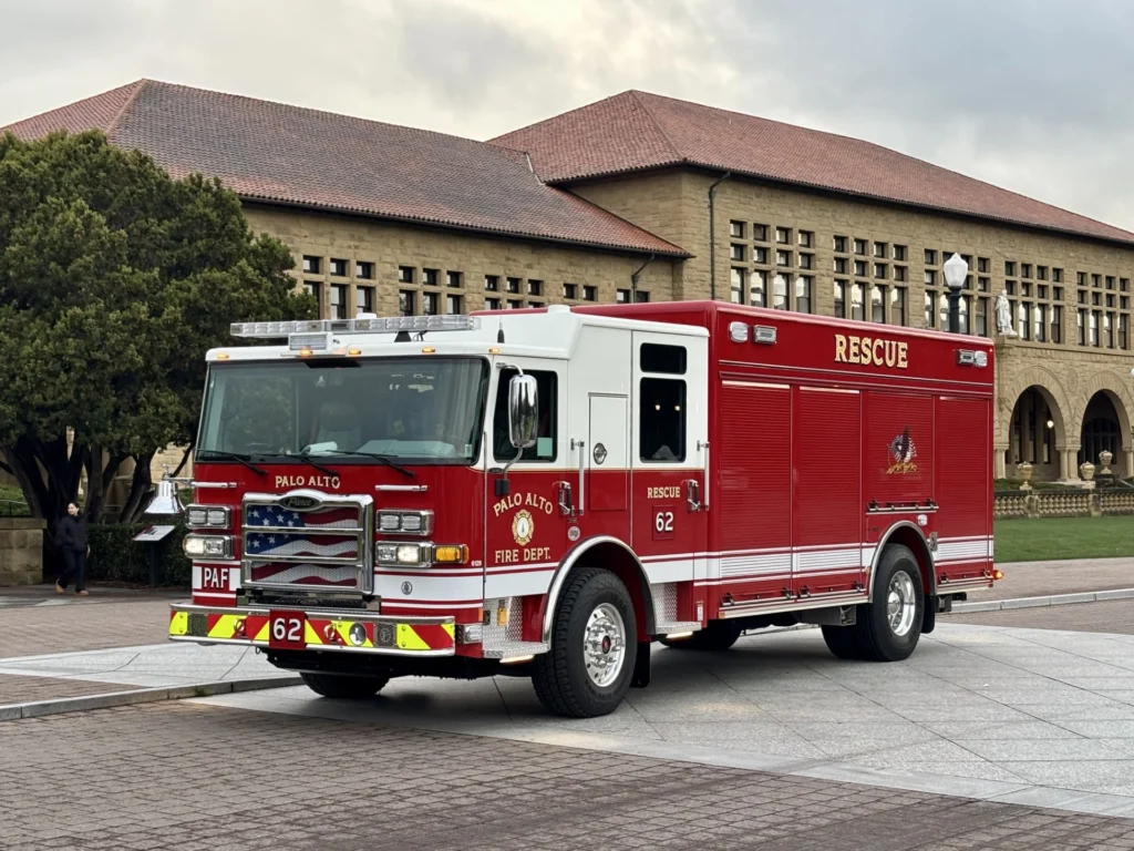 a fire truck in front of building